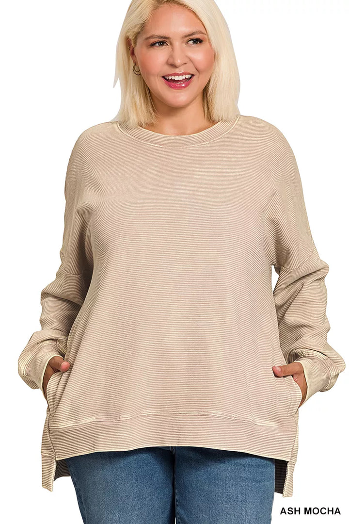 Zenana Full Size Acid Washed Double Ribbed Hi-low Sweatshirt Plus Size | Sweatshirts Daverri Fashions