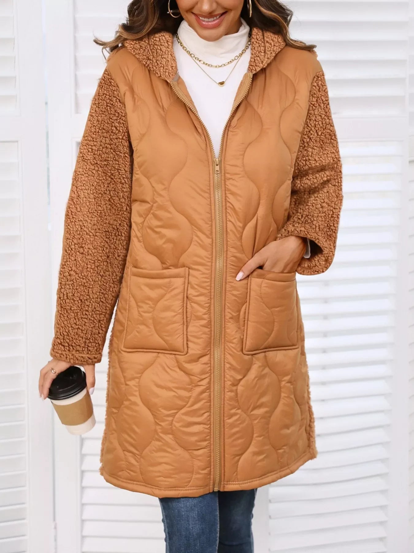 Brown quilted teddy zip-up coat with hood and pockets