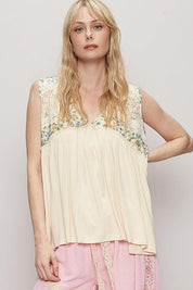 POL Lace Detail Frill Floral V-Neck Sleeveless Top | Tops Daverri Fashions