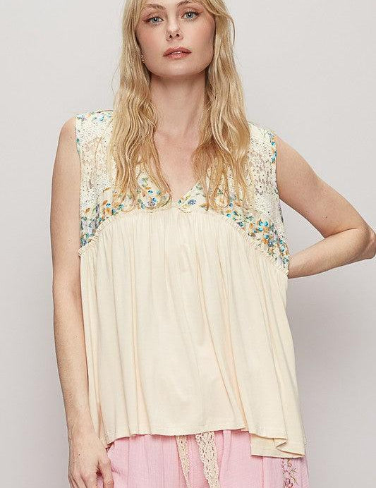 POL Lace Detail Frill Floral V-Neck Sleeveless Top | Tops Daverri Fashions