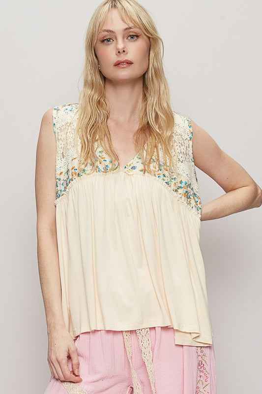 POL Lace Detail Frill Floral V-Neck Sleeveless Top Tops