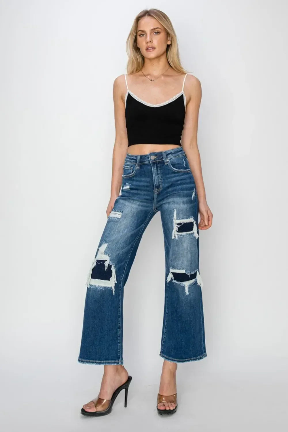 Risen Full Size High Rise Patch Detailed Wide Leg Crop Jeans - DAVERRI FASHIONS