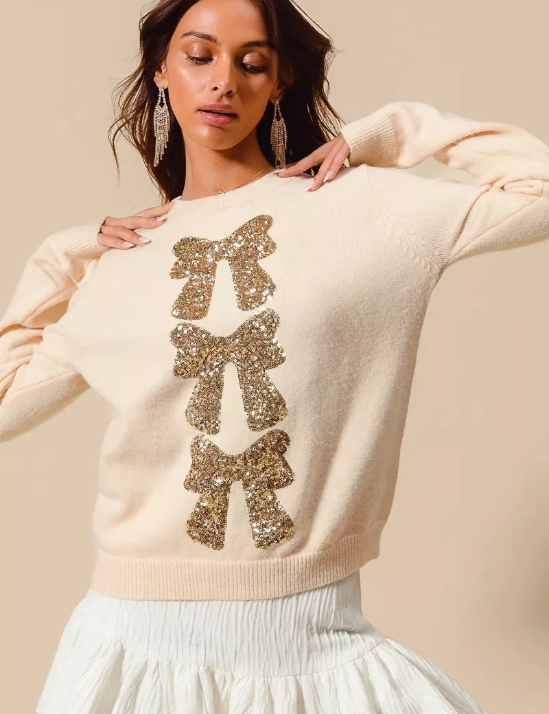 SO ME Sequins Bow Ribbon Embellished Christmas Sweater | Sweaters Daverri Fashions