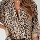 Leopard Button Detail Notched Long Sleeve Blouse - DAVERRI FASHIONS