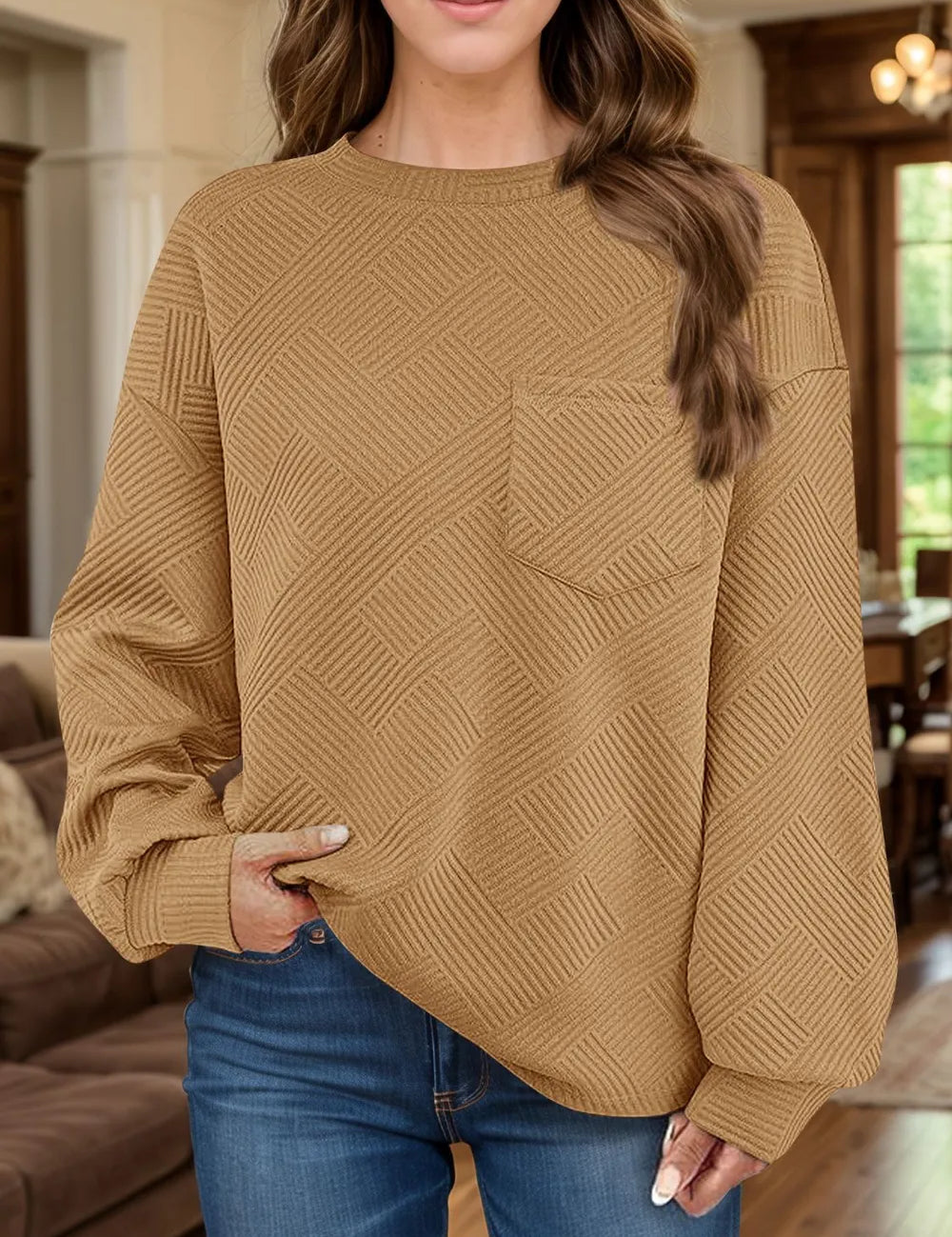 Camel Full Size Texture Round Neck Long Sleeve Sweatshirt | Sweatshirts Daverri Fashions