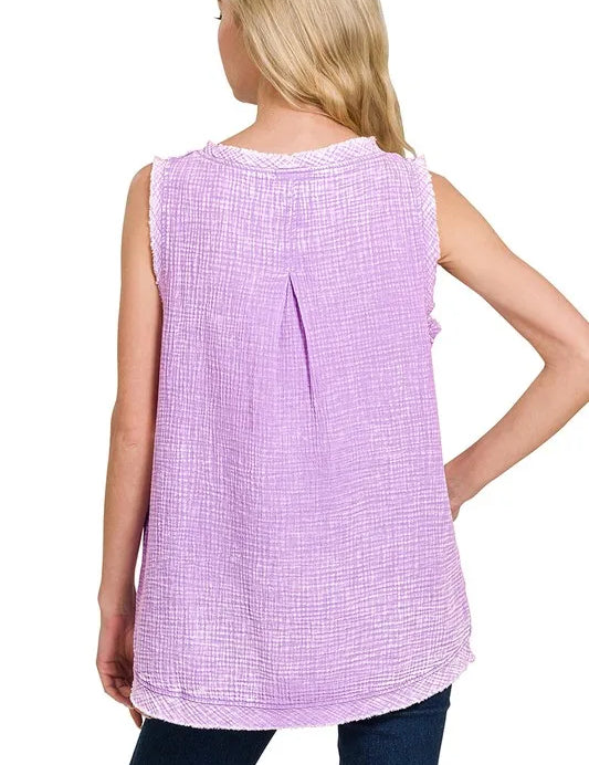 Zenana Double Gauze Raw Edge Acid Washed Tank | Daverri Fashions