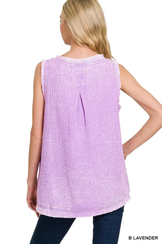 Zenana Double Gauze Raw Edge Acid Washed Tank | Daverri Fashions
