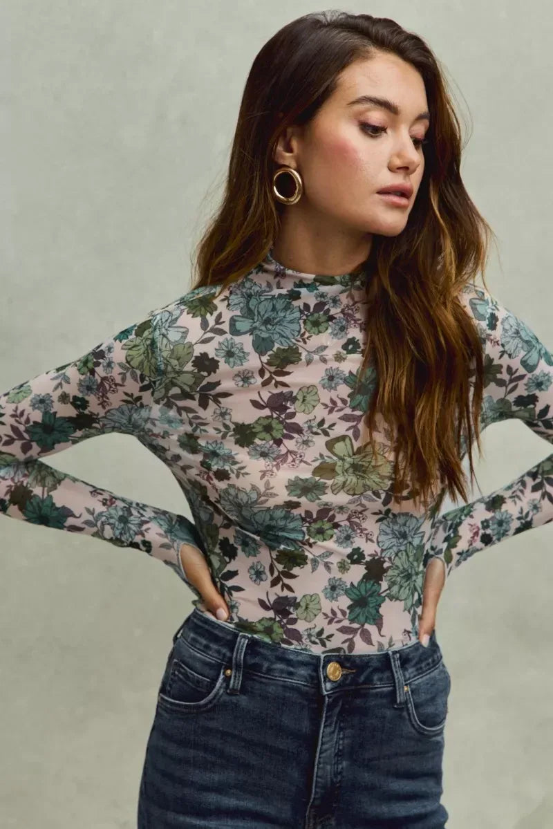 SO ME Floral Print Mesh Knit Long Sleeves Top - DAVERRI FASHIONS