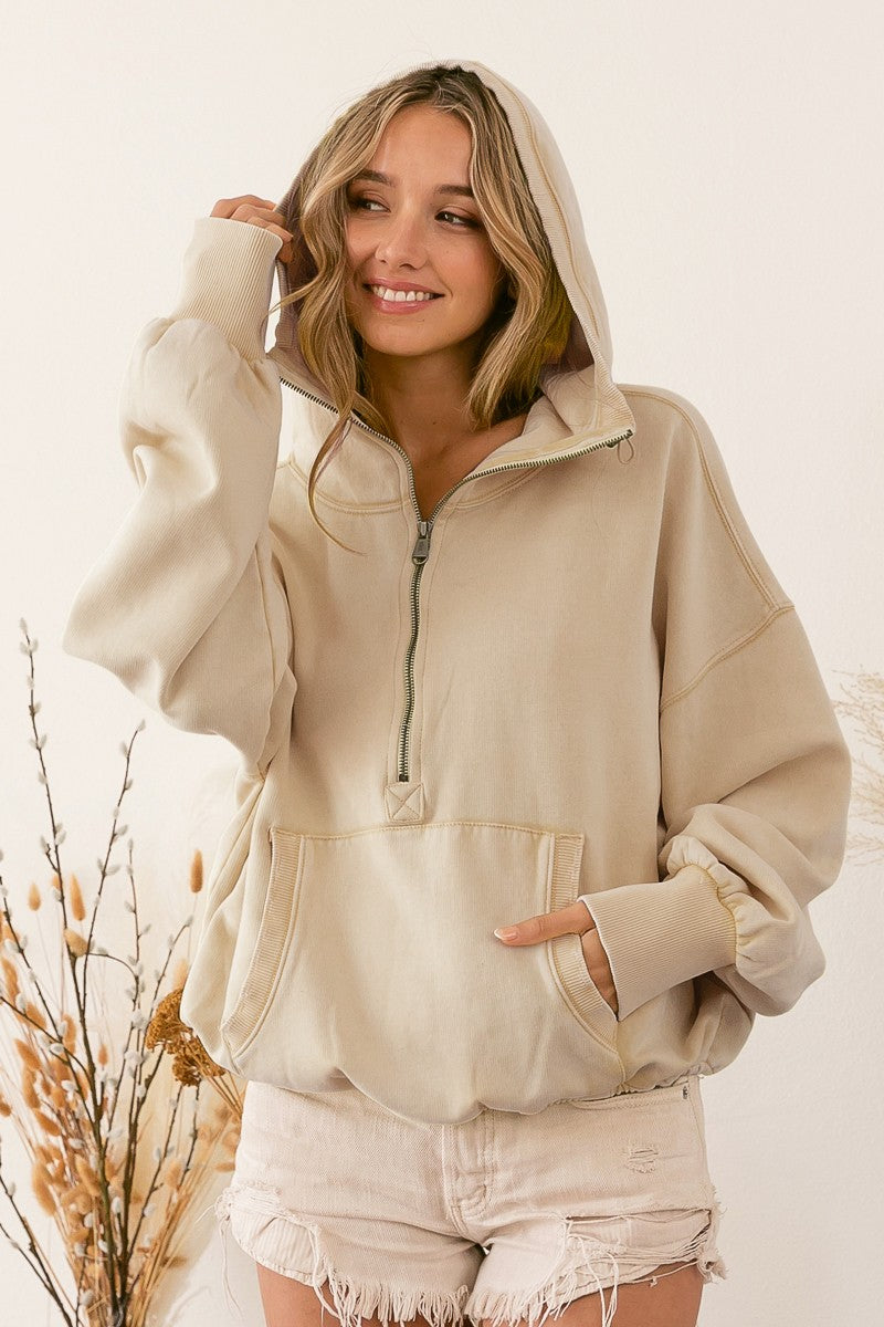 BiBi Stitch Detailed Oatmeal Half Zip Fleece Hoodie with Ribbed Cuffs