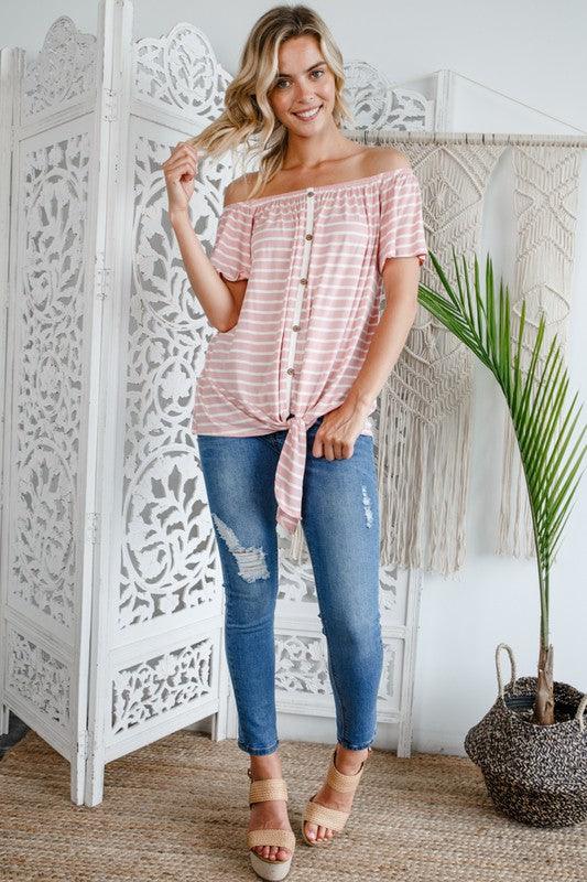 STRIPE OFF SHOULDER BUTTON DOWN TOP Shirts & Tops