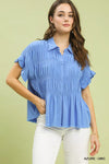 Umgee azure linen blend smocked blouse with ruffled cuffs