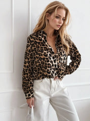 Leopard Collared Neck Long Sleeve Shirt | Shirts Daverri Fashions