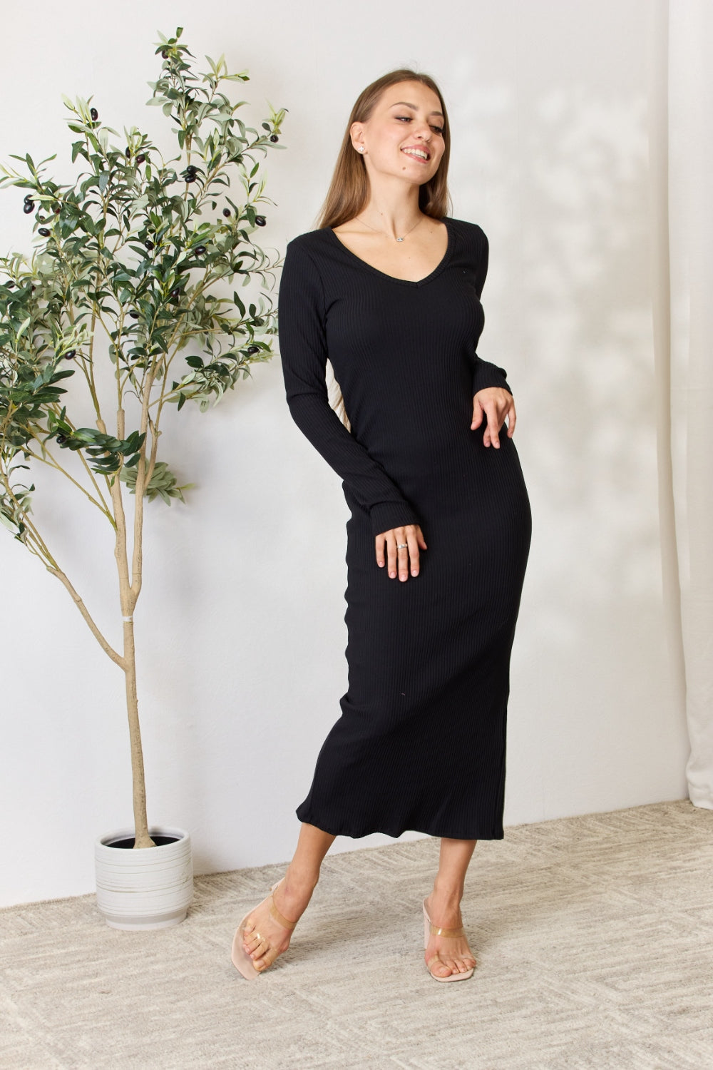 Culture Code Ribbed Long Sleeve Midi Slit Dress Clearance