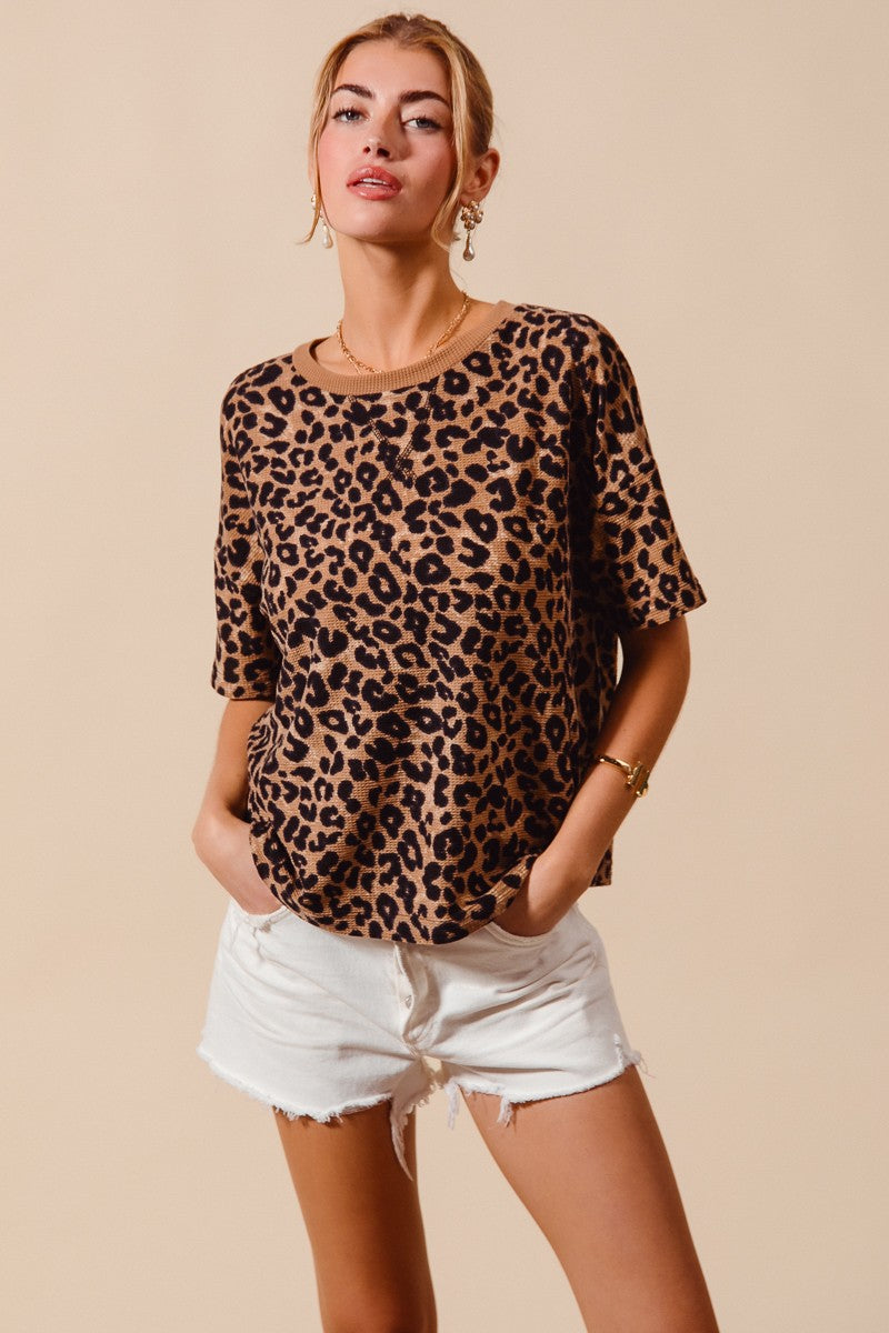 SO ME Leopard Thermal Waffle Knit Loose Fit Top leopard-print knit top