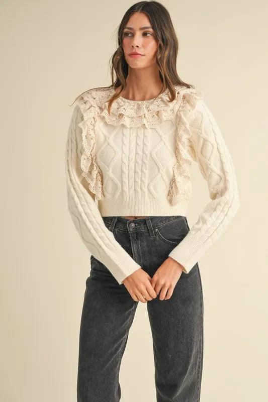 MABLE Ruffled Lace Crochet Sweater - DAVERRI FASHIONS