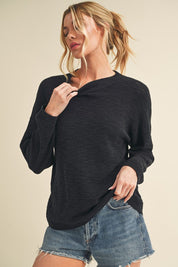 Aemi + Co Round Neck Drop Shoulder Knit Top Black