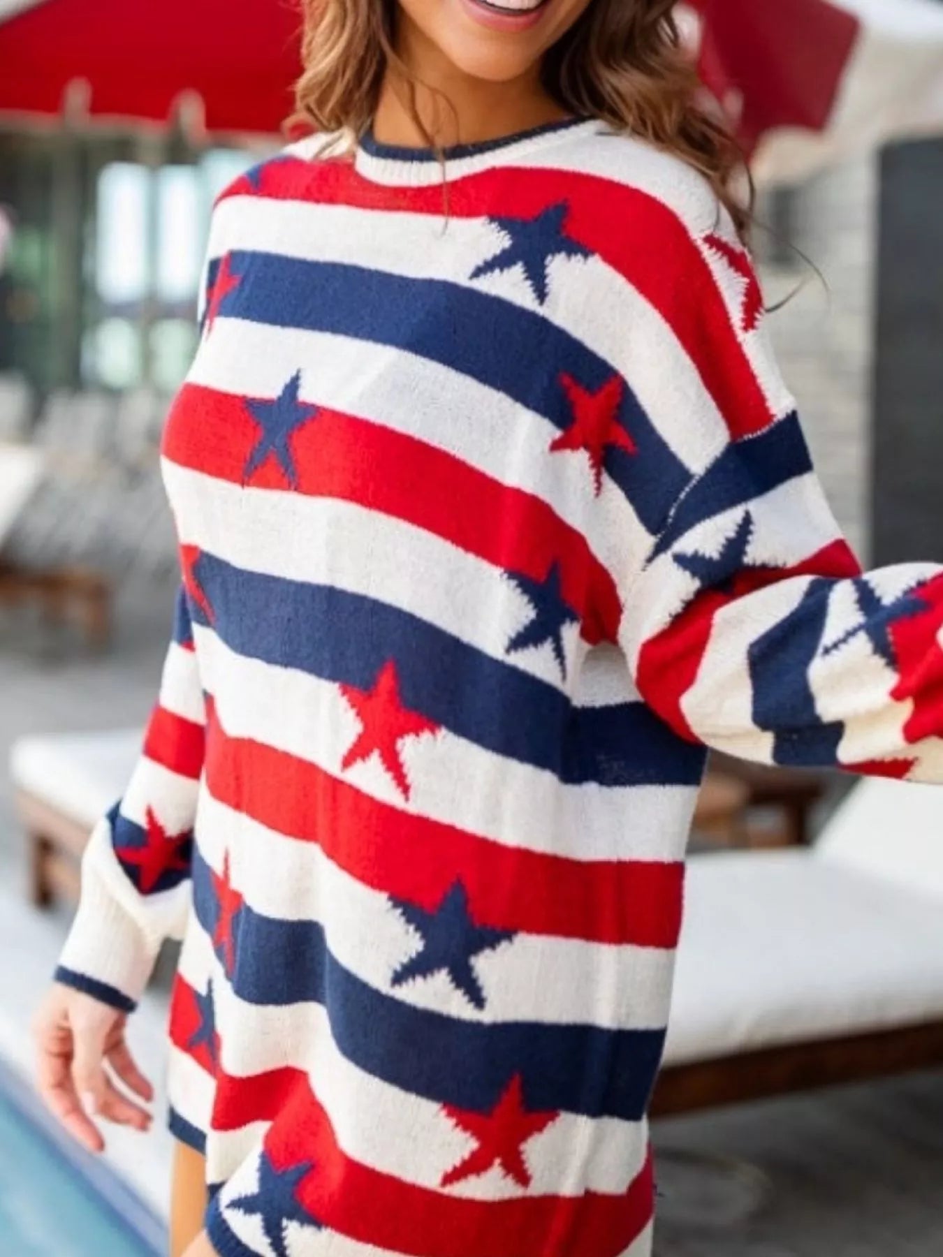 Daverri Stars and Stripes sweater: red, white, navy knit stripes with stars