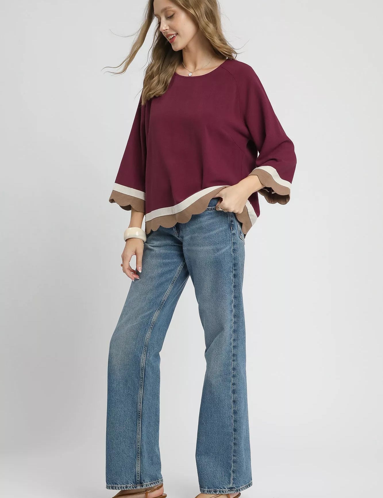 Umgee Scalloped Hem Color Block Top | Blouses Daverri Fashions