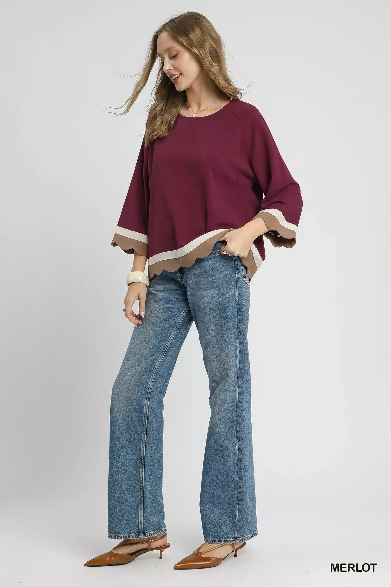 Umgee Scalloped Hem Color Block Top - DAVERRI FASHIONS