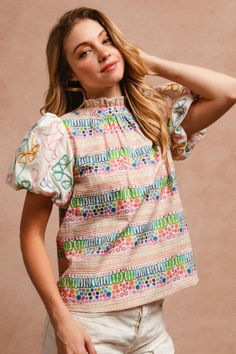 BiBi Ruffle Neckline Blouse With Embroidery Bubble Sleeve | Daverri Fashions