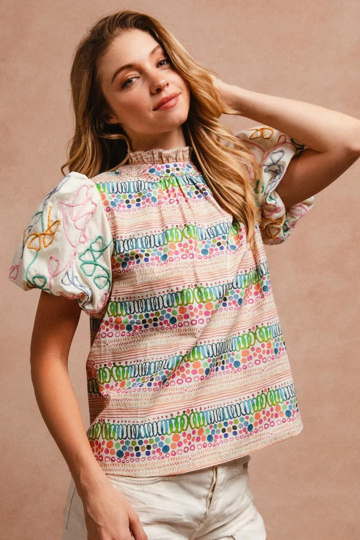 BiBi Ruffle Neckline Blouse With Embroidery Bubble Sleeve