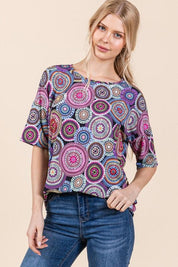 BOMBOM Printed Round Neck Half Sleeve Top | Tops Daverri Fashions