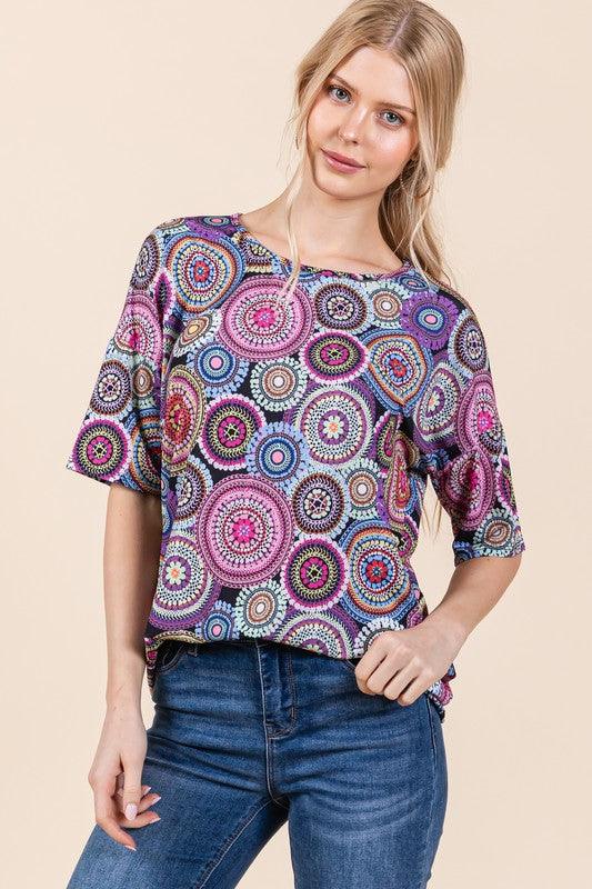 BOMBOM Printed Round Neck Half Sleeve Top | Tops Daverri Fashions