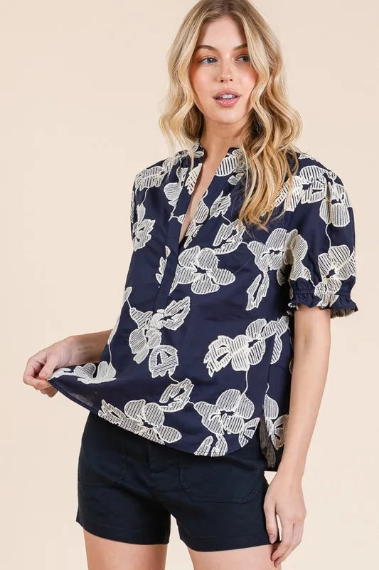 Lime 'N' Chili Embroidered Split Neck Puff Sleeve Blouse