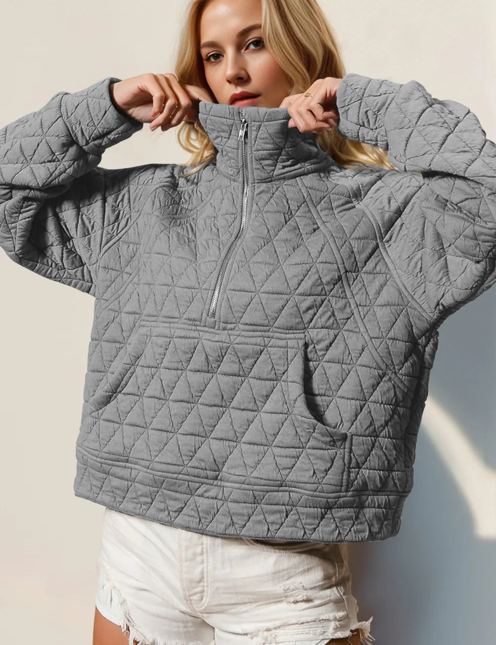 Gray Double Take Half Zip Long Sleeve Quilted Sweatshirt with Pocket | Sweatshirts Daverri Fashions
