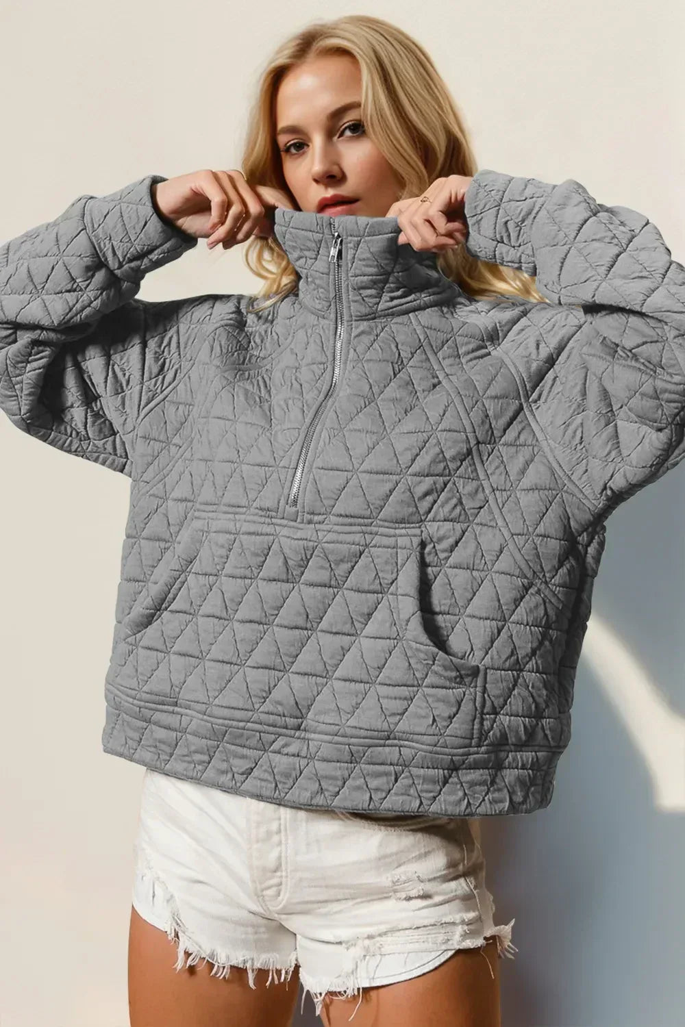 Double Take Half Zip Long Sleeve Quilted Sweatshirt with Pocket - DAVERRI FASHIONS