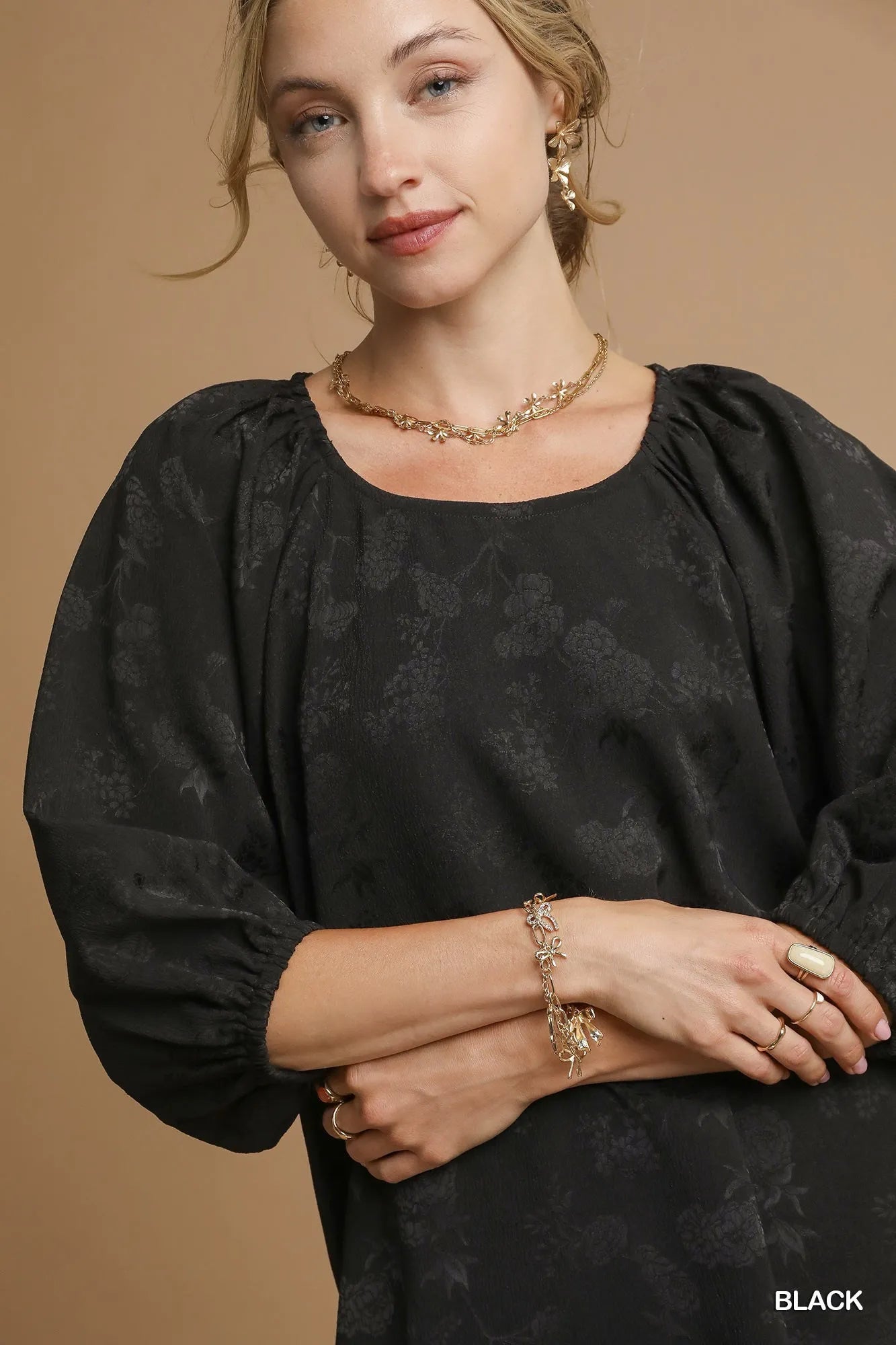 Umgee Satin Jacquard Balloon Sleeve Blouse | Blouses Daverri Fashions