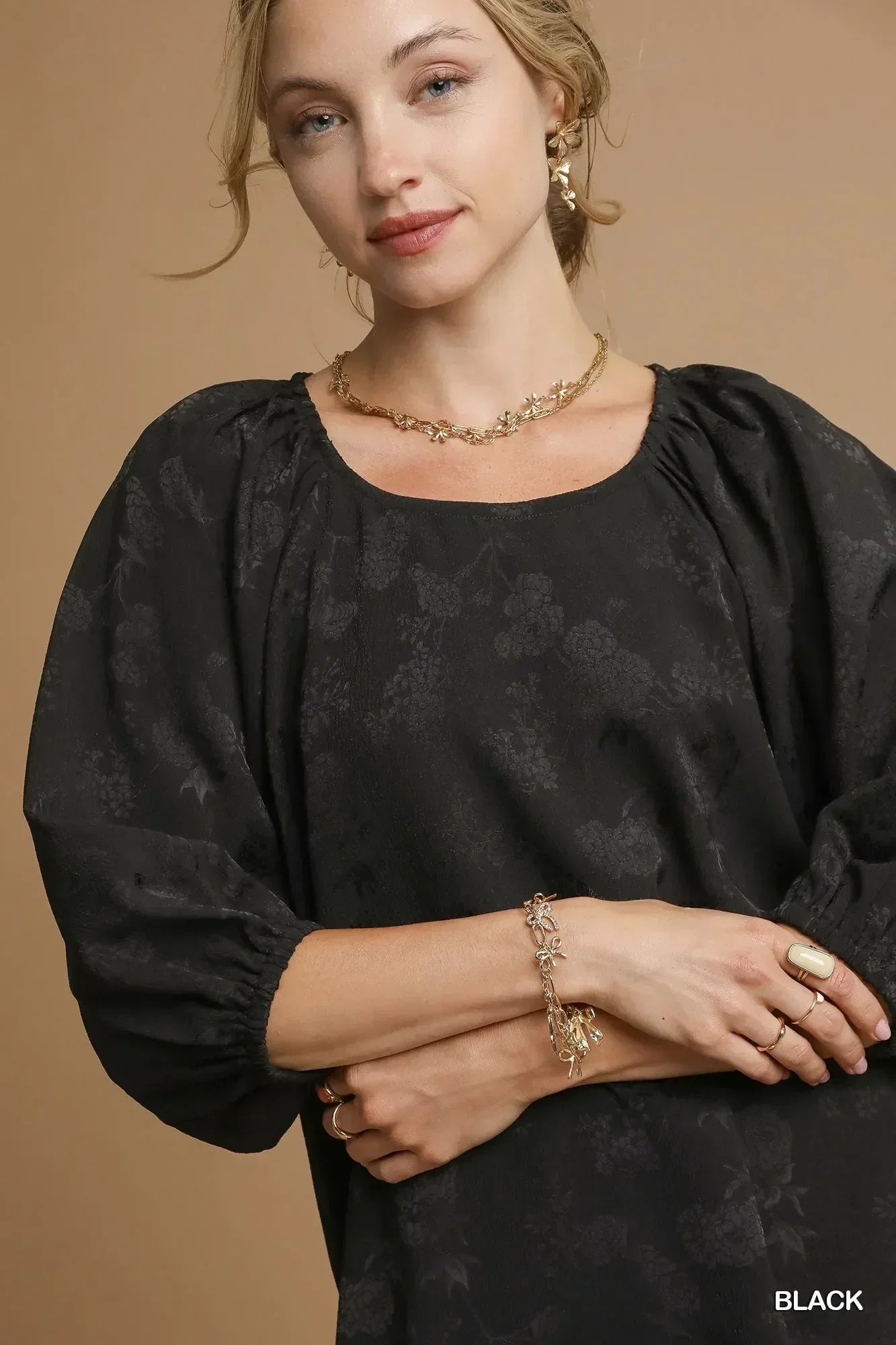 Umgee Satin Jacquard Balloon Sleeve Blouse - DAVERRI FASHIONS