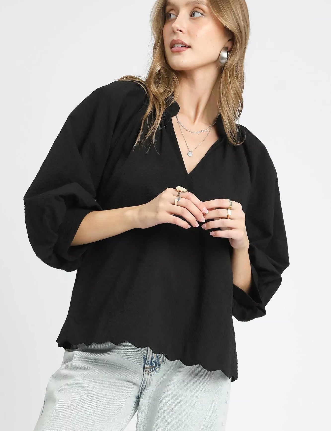 Black Umgee Full Size Textured Notched Balloon Sleeve Blouse Plus Size | Blouses Daverri Fashions