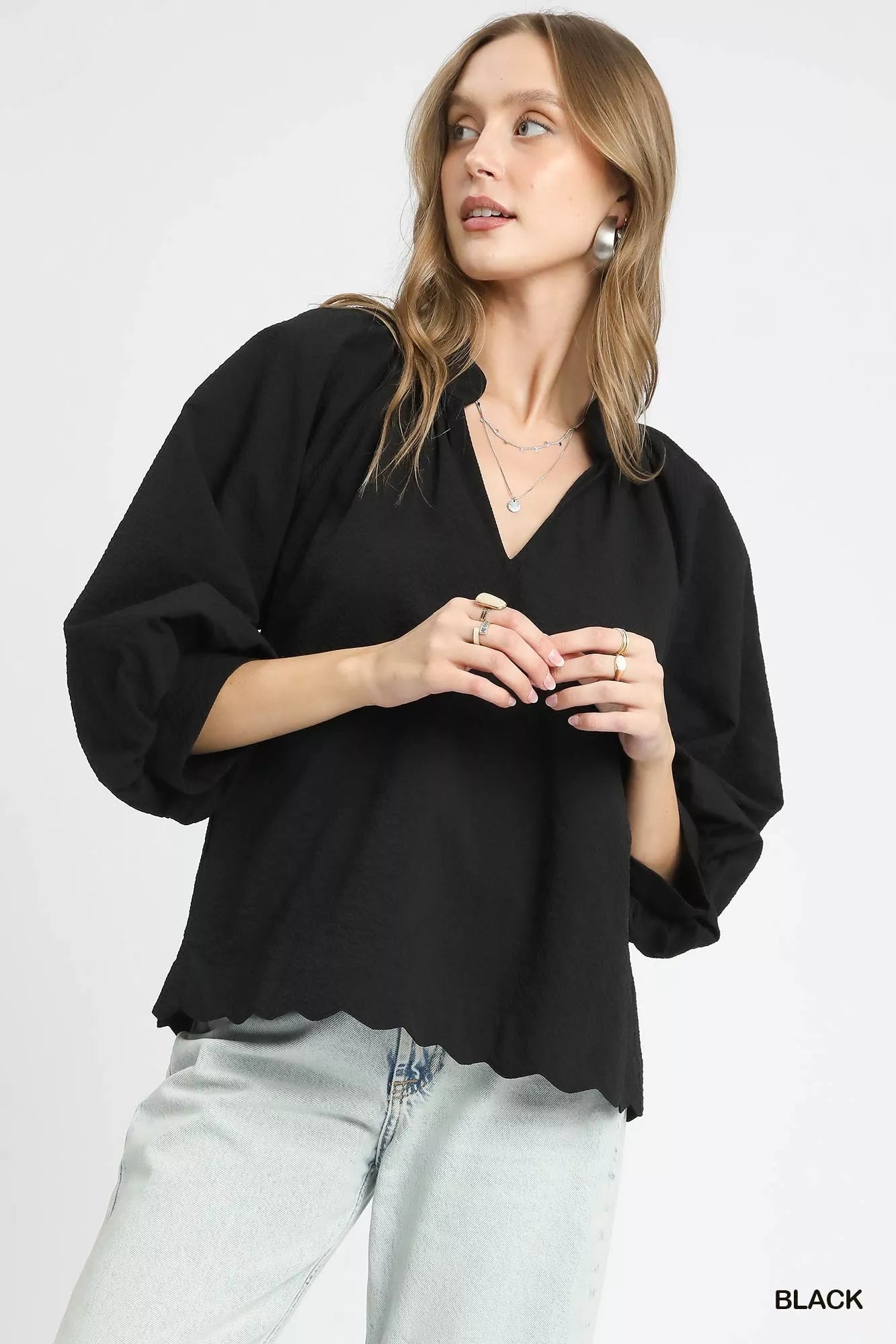 Black Umgee Full Size Textured Notched Balloon Sleeve Blouse Plus Size | Blouses Daverri Fashions