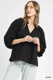 Black Umgee Full Size Textured Notched Balloon Sleeve Blouse Plus Size | Blouses Daverri Fashions
