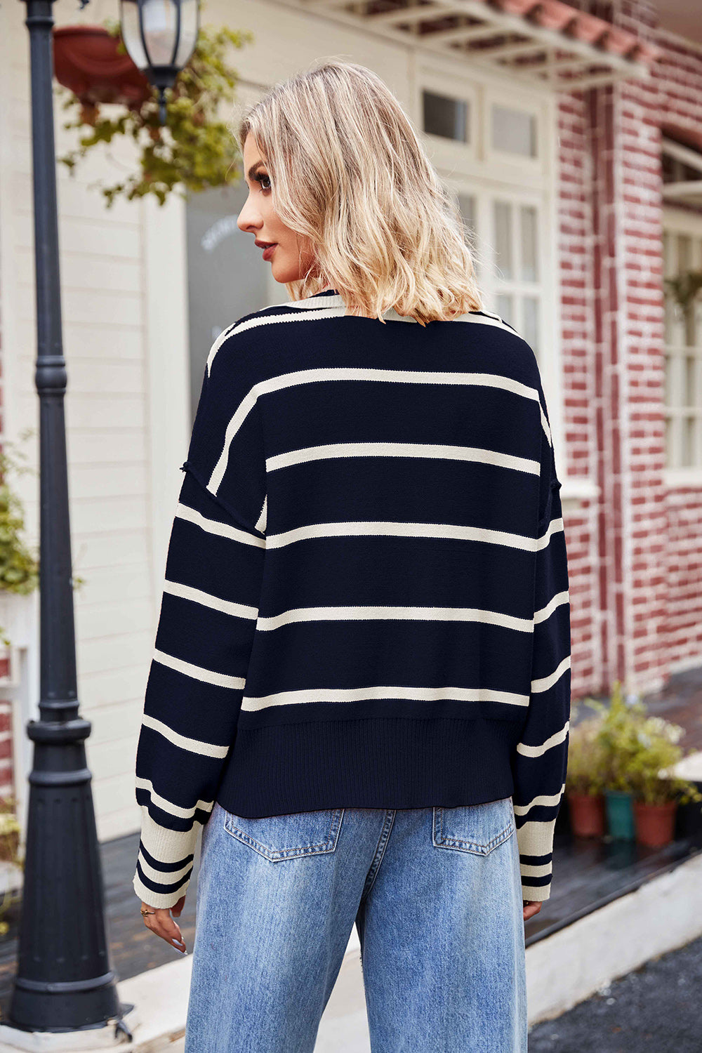 Striped Johnny Collar Sweater | Sweaters Daverri Fashions