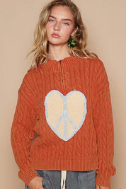 POL Cable-Knit Peace Patch Dropped Shoulder Sweater | Daverri Fashions