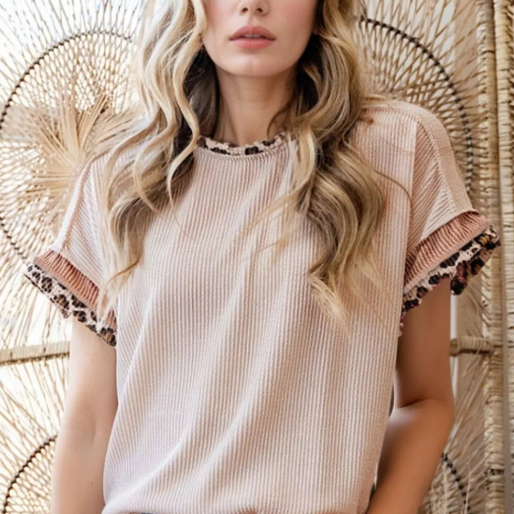 Beige Leopard Trim Round Neck Ribbed T-Shirt | T-Shirts Daverri Fashions