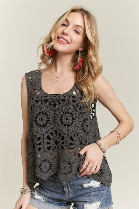 ADORA Crochet Wide Strap Tank Charcoal Grey One Size