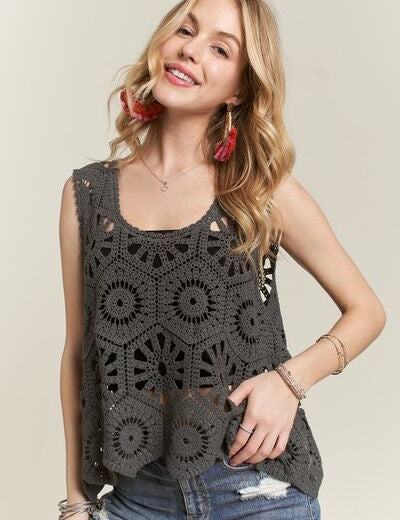 ADORA Grey Crochet Wide Strap Tank Charcoal Grey One Size Tank Tops