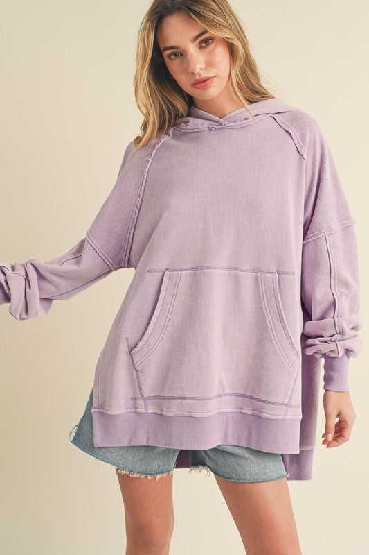 Aemi + Co Exposed Seam Side Slit Hoodie with Kangaroo Pocket Lilac Hoodies