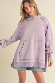 Lilac Aemi + Co Exposed Seam Side Slit Hoodie with Kangaroo Pocket | Hoodies Daverri Fashions