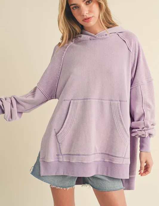 Lilac Aemi + Co Exposed Seam Side Slit Hoodie with Kangaroo Pocket | Hoodies Daverri Fashions