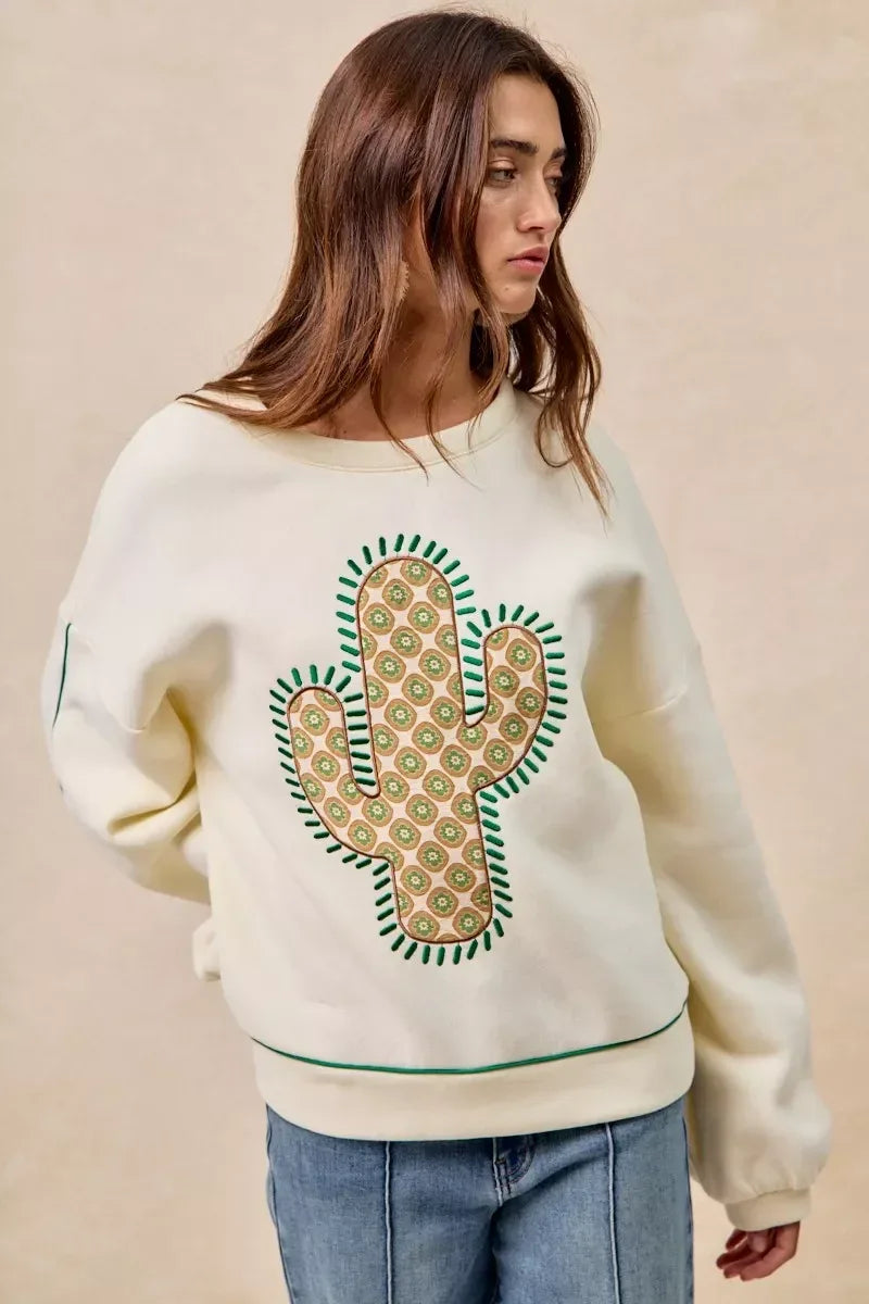 BiBi Cactus Embroidered Fleece Sweatshirt - DAVERRI FASHIONS