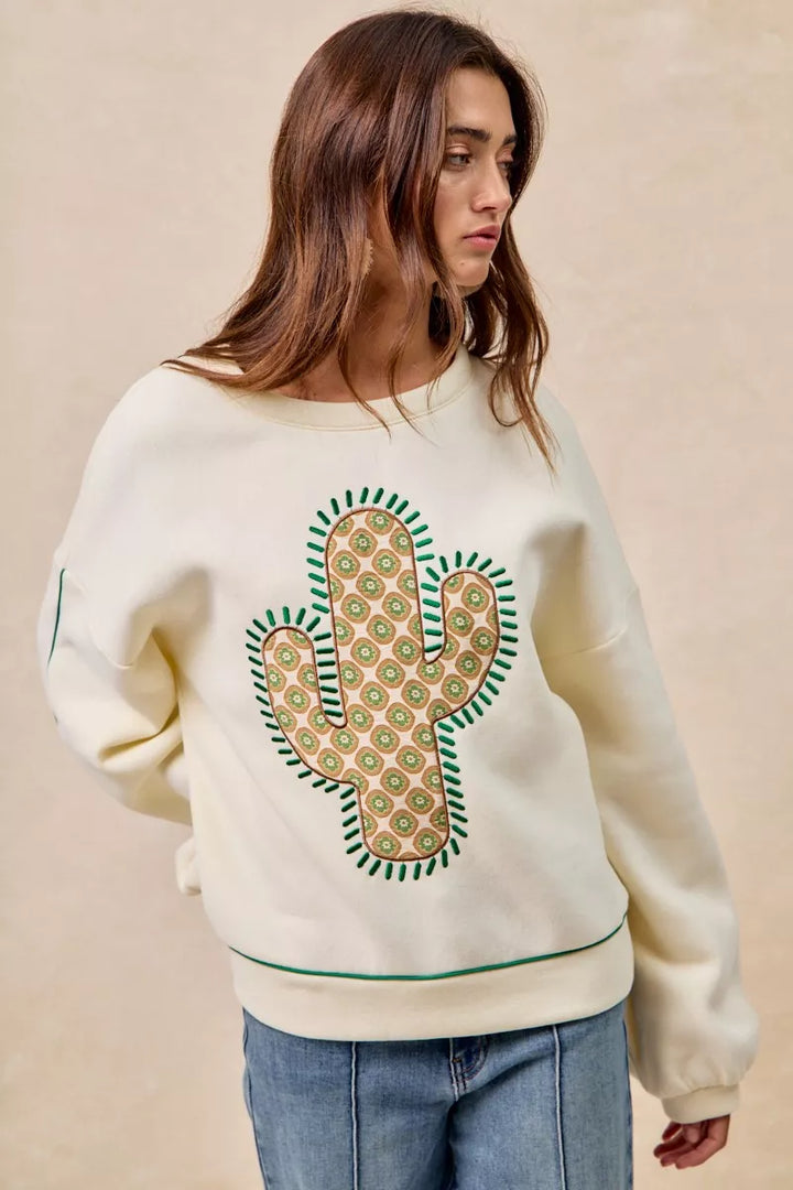 BiBi Cactus Embroidered Fleece Sweatshirt | Daverri Fashions