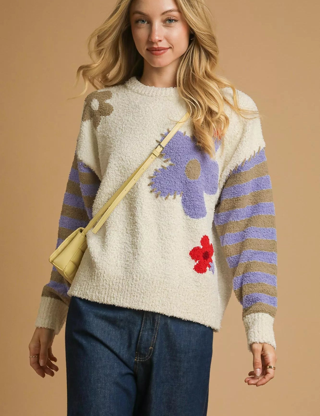 Cream Umgee Flower Jacquard Striped Long Sleeve Sweater | Sweaters Daverri Fashions