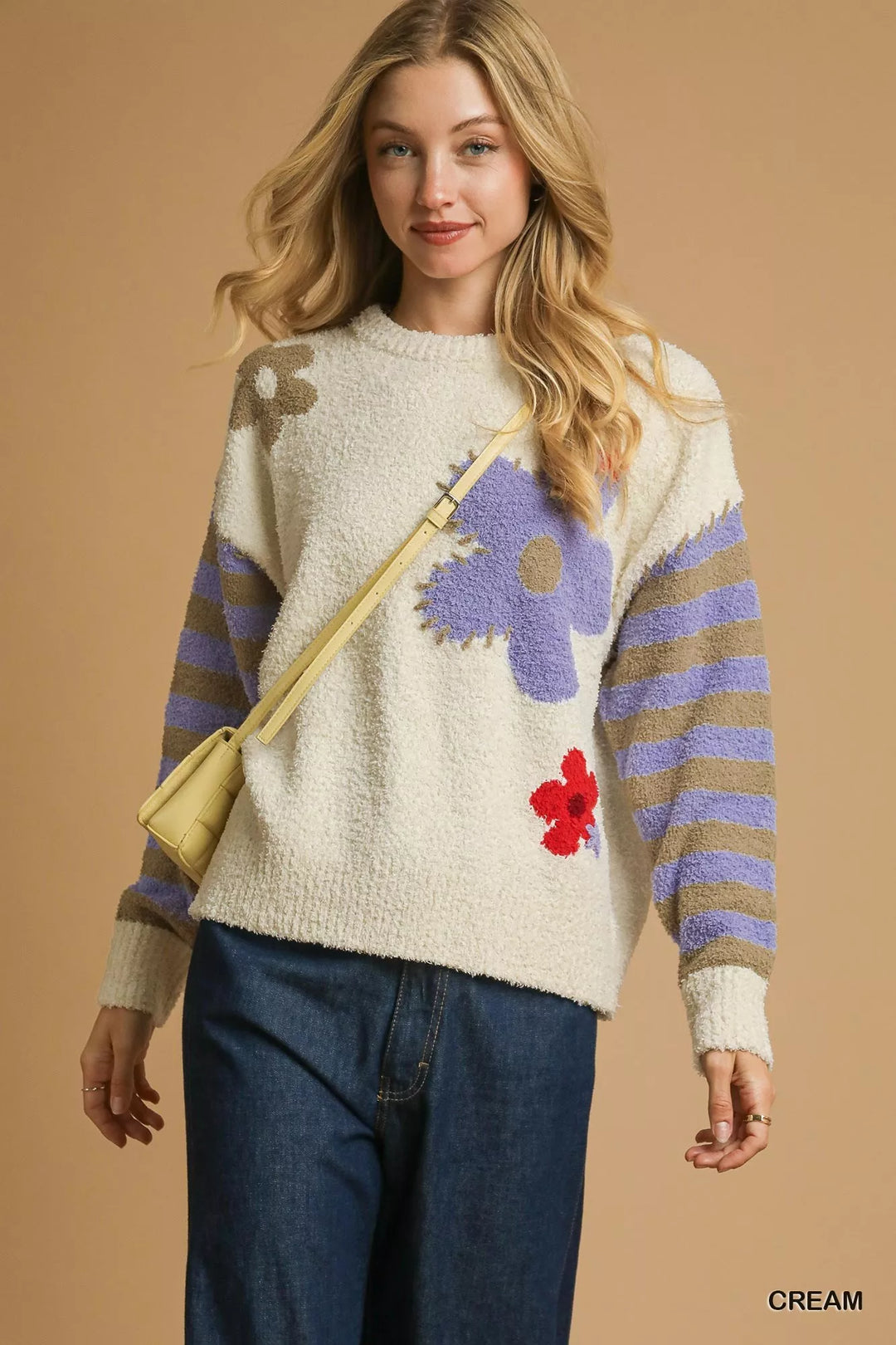 Cream Umgee Flower Jacquard Striped Long Sleeve Sweater | Sweaters Daverri Fashions