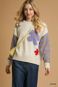 Umgee Flower Jacquard Striped Long Sleeve Sweater - DAVERRI FASHIONS