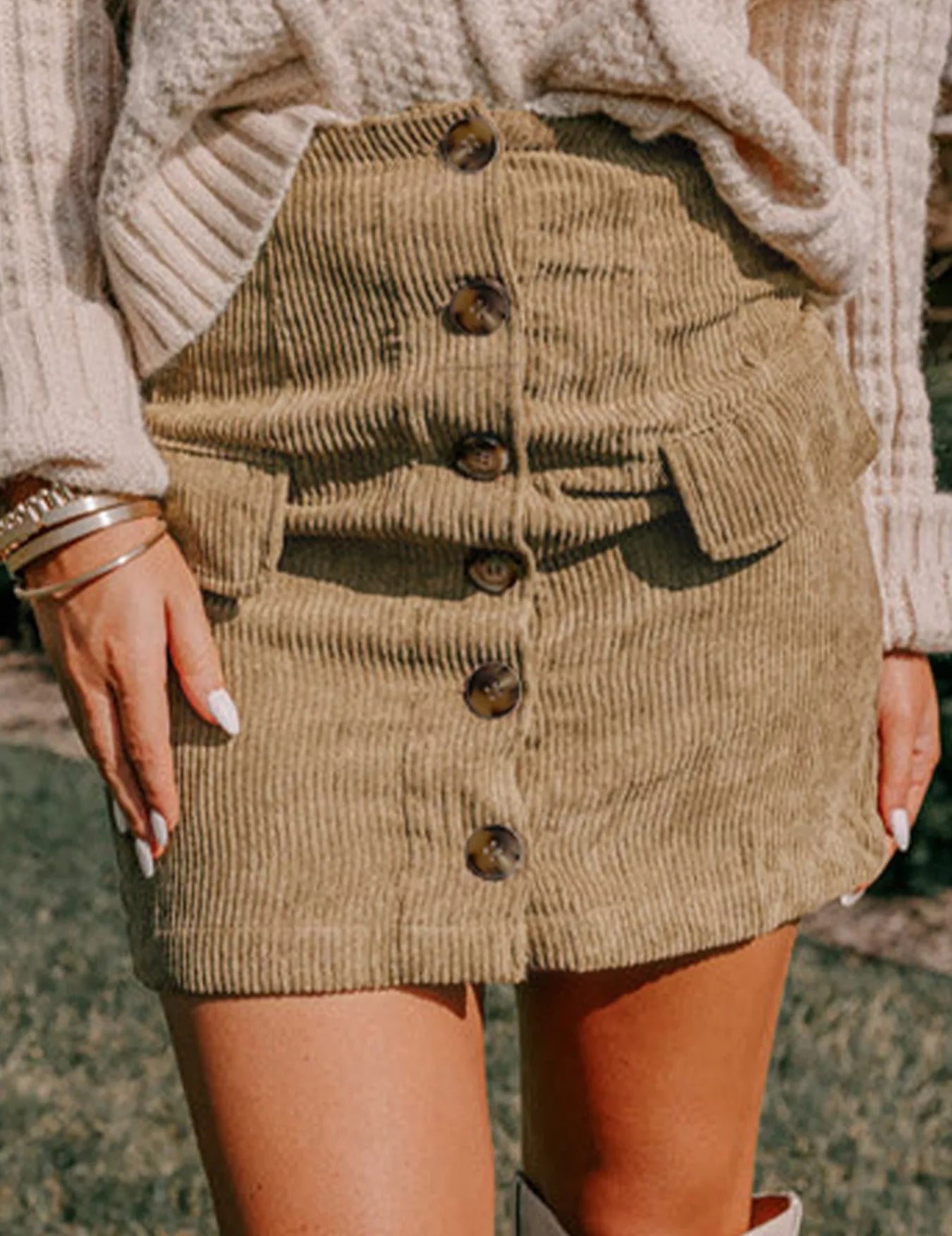 Camel Corduroy Buttoned Front Mini Skirt | Skirts Daverri Fashions