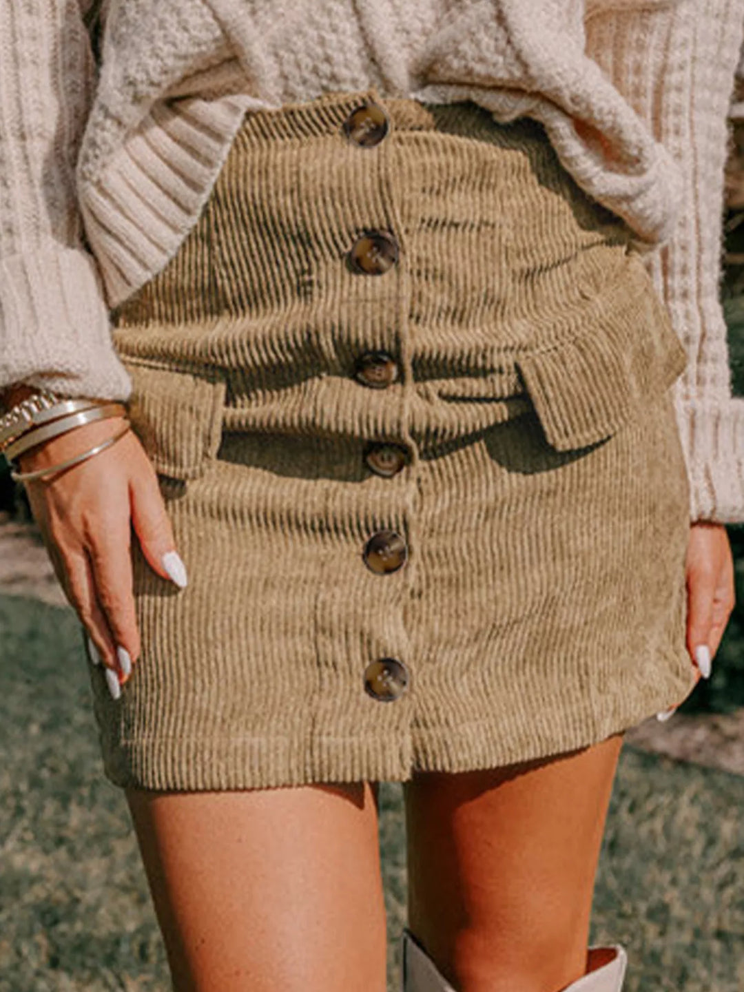 Camel Corduroy Buttoned Front Mini Skirt | Skirts Daverri Fashions